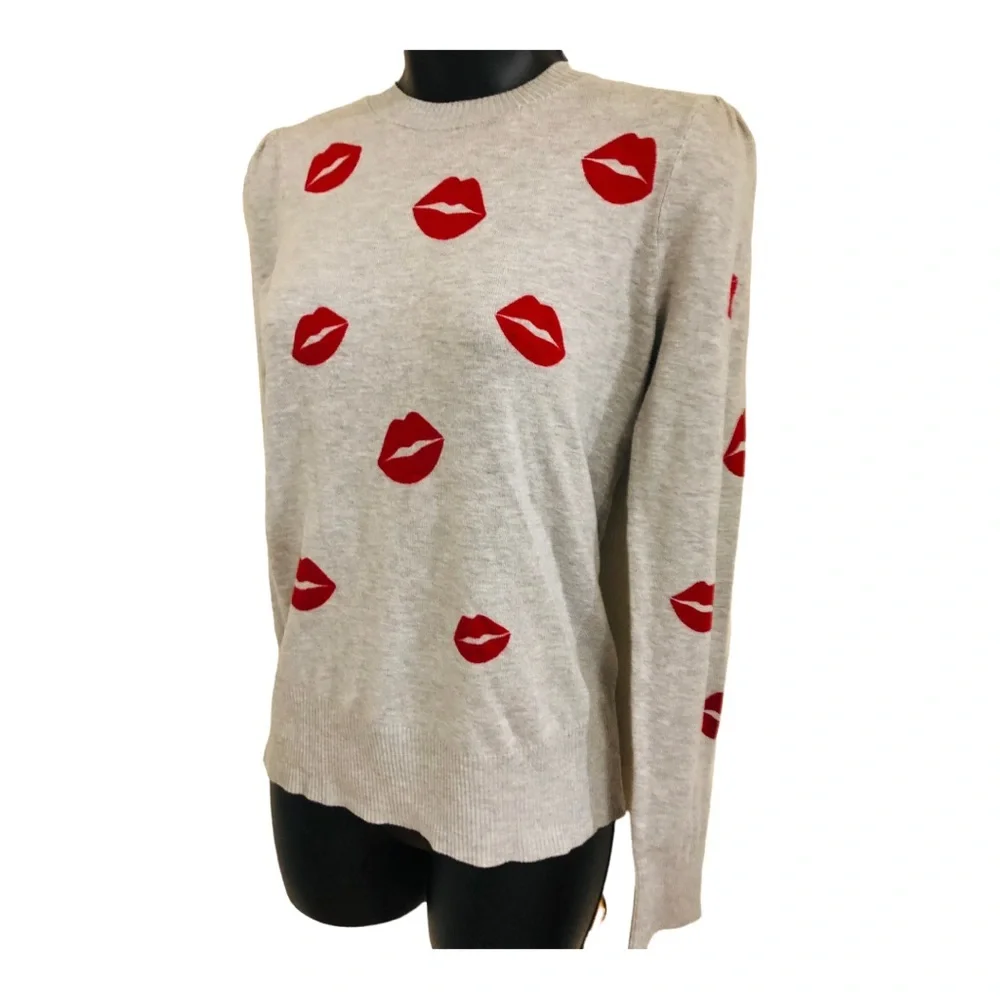 Grey red lipstick femme lips crewneck long sleeve knit sweater size XS brand new